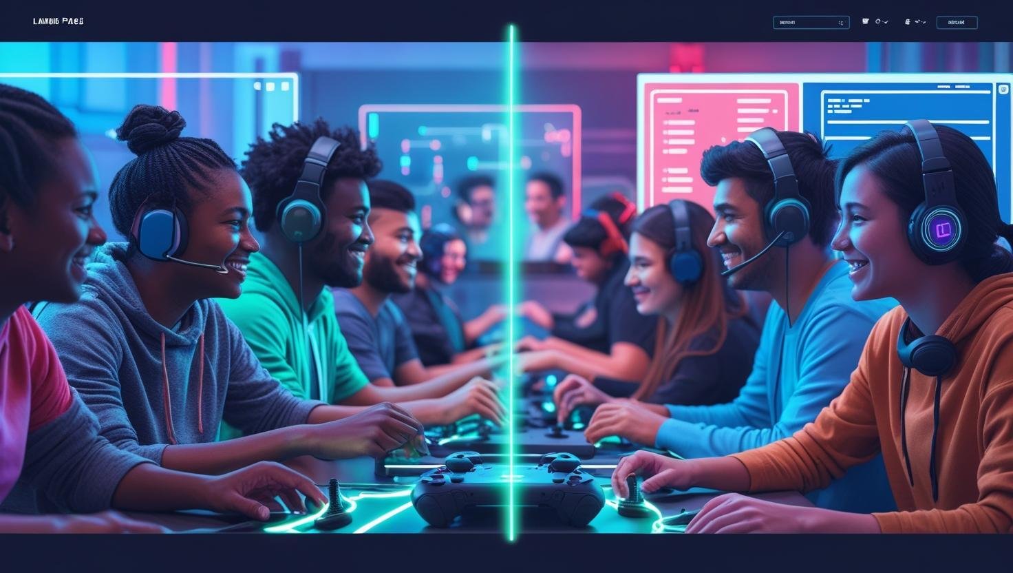 please - for the Hero Section of my landing page please make a High-impact banner image or background Content_ Diverse gamers with headsets in a collaborative environment Split screen with someone playing and someone creating (game dev UI) 